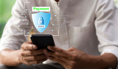security online  payment with man using mobile banking application at home