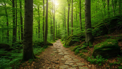 Obraz premium Peaceful forest path with stone steps surrounded by lush green trees. Soft natural light filters through the canopy, creating a serene and inviting atmosphere for nature walks.