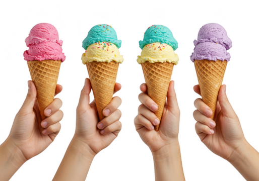Four hands holding colorful ice cream cones with various flavors and toppings, isolated on white isolated on transparent background