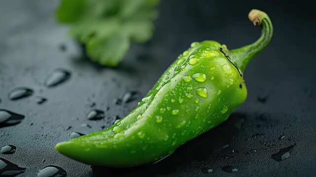 Close-up of a shiny chili pepper with dew droplets on it, indicating its freshness and the purity of taste.
