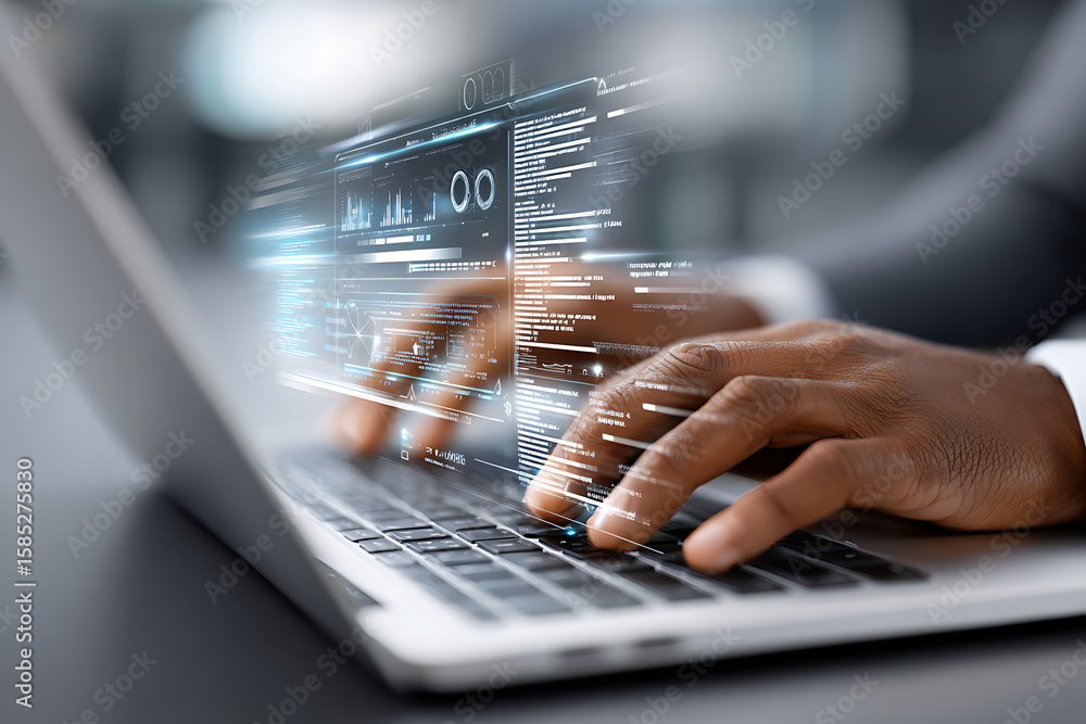 Poster hands typing on a laptop with glowing digital data overlay in a modern workspace setting during dayt