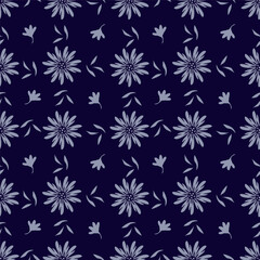 Seamless floral pattern, colorful ditsy print, abstract ornament in retro folk motif. Pretty decorative art botanical design of hand drawn large, small flowers, leaves, wild herbs. Vector illustration