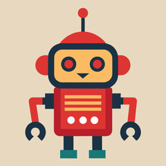 Naklejka premium Red and Yellow Retro Robot Illustration with Antenna and C- Shaped Hands on Beige Background