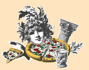 Set of Italian symbols including pizza, mask, column, and vase. Vintage vector illustration with art, food, and architecture elements.