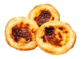 Pastel de nata pastries light flaky pastry filled with egg custard filling isolated on a white background