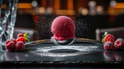 Gourmet sorbet quenelle shaping demonstration showing raspberry ice cream on silver spoon above slate plate with artistic berry presentation