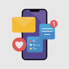 Fototapeta premium Smartphone Displaying Notifications Yellow Email Icon Red Heart Icon Blue Text Message Icon Purple Background Mobile App Interface Design Element