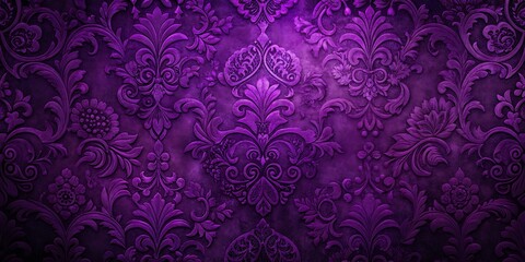 Rich deep purple embossed damask pattern with intricate floral swirls and textured background