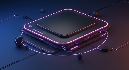Futuristic Electronic Device with Neon Glow and Geometric Design on Dark Background