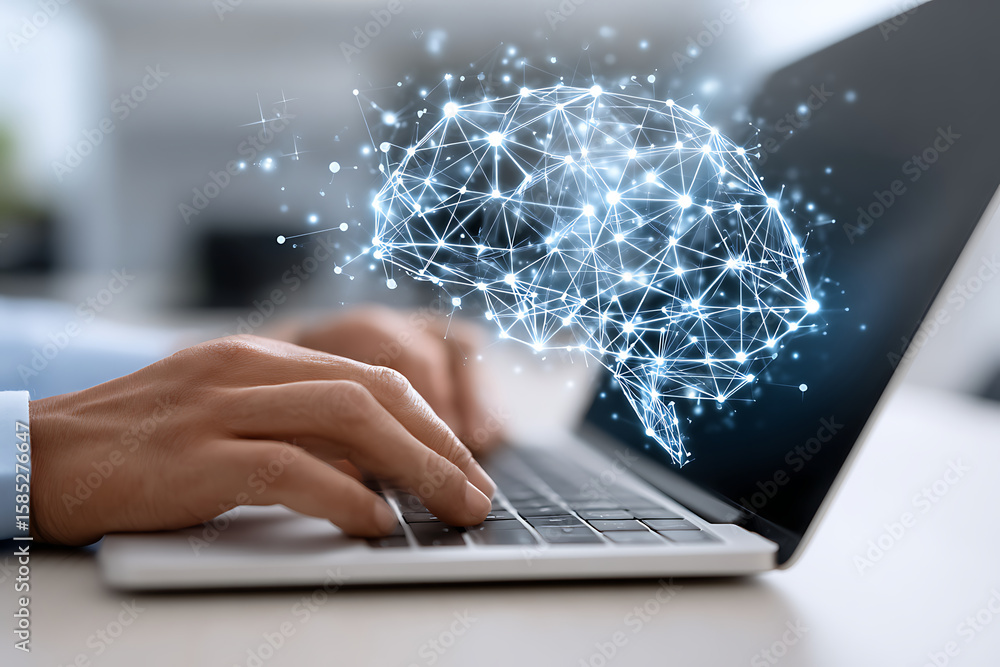 Aufkleber digital brain network visualization emerging from laptop during creative work in modern office setti