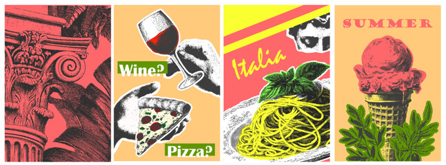 Italian symbols set with pizza, wine, spaghetti, gelato, and a classic column. Vintage vector illustration set in colorful poster style.