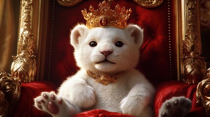 Adorable white lion cub wearing golden crown and necklace, sitting on a red velvet throne.