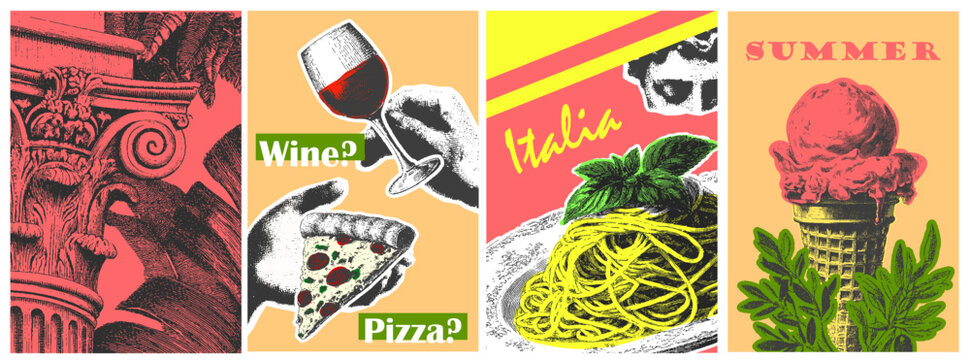 Italian symbols set with pizza, wine, spaghetti, gelato, and a classic column. Vintage vector illustration set in colorful poster style. - Powered by Adobe