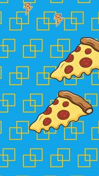 Animation of pizza and squares icons on blue background