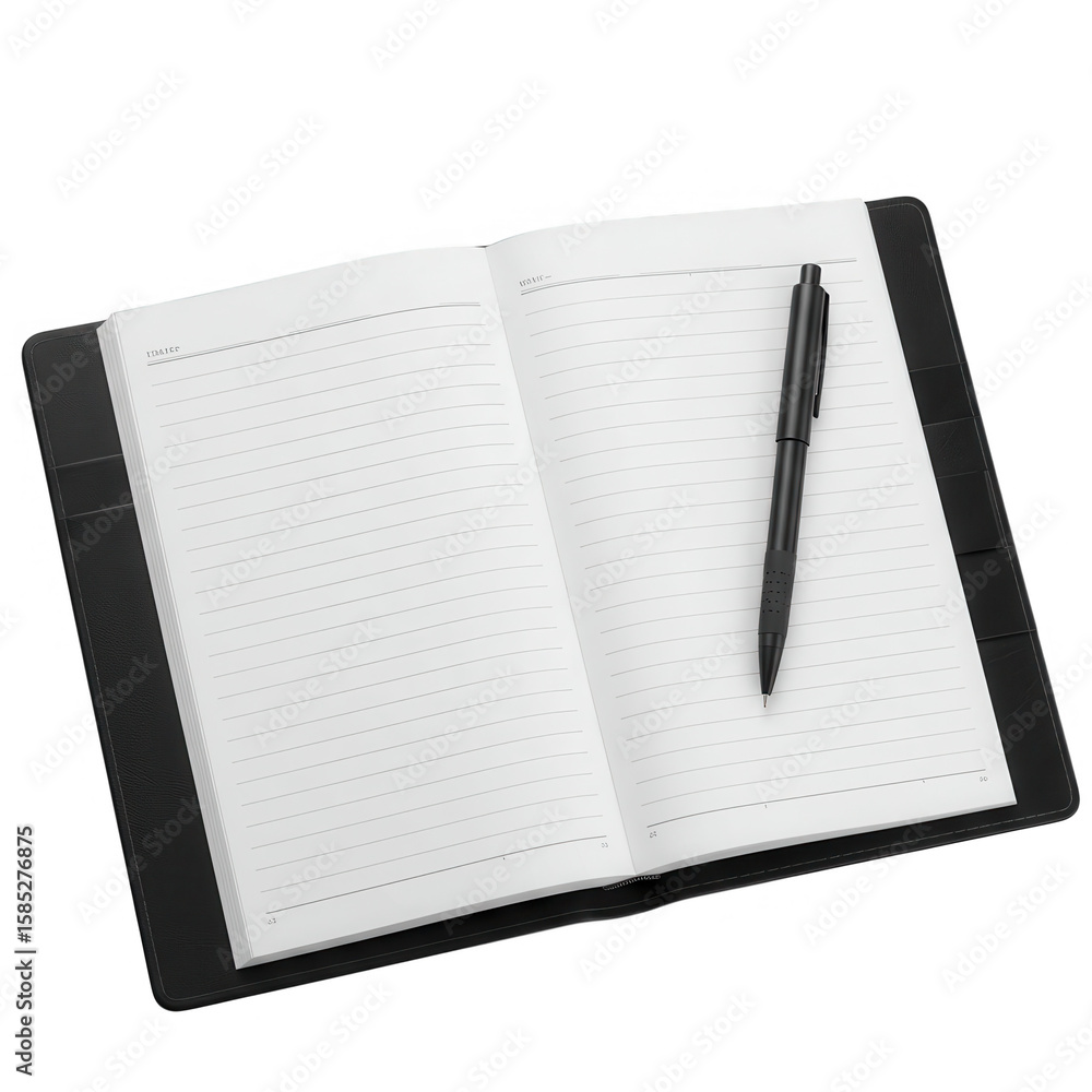 Aufkleber open notebook with lined pages and a pen resting on it isolated on transparent background