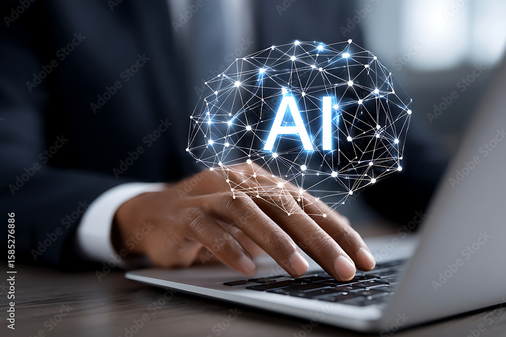 Poster technology professional interacts with ai interface while working on laptop in modern office setting