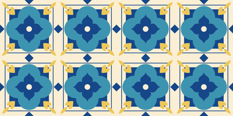 Geometric arabic floral seamless pattern. Mediterranean tiles. Tunisian, Moroccan, Italian, Spanish, Portuguese, Greek, Turkish style. Interior. Ornate background, wallpaper. Mosaic. Vector.