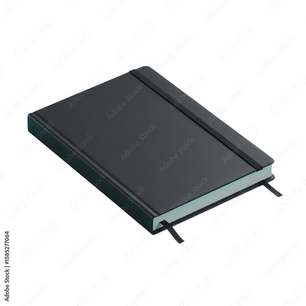 Poster closed black notebook with elastic band isolated on transparent background
