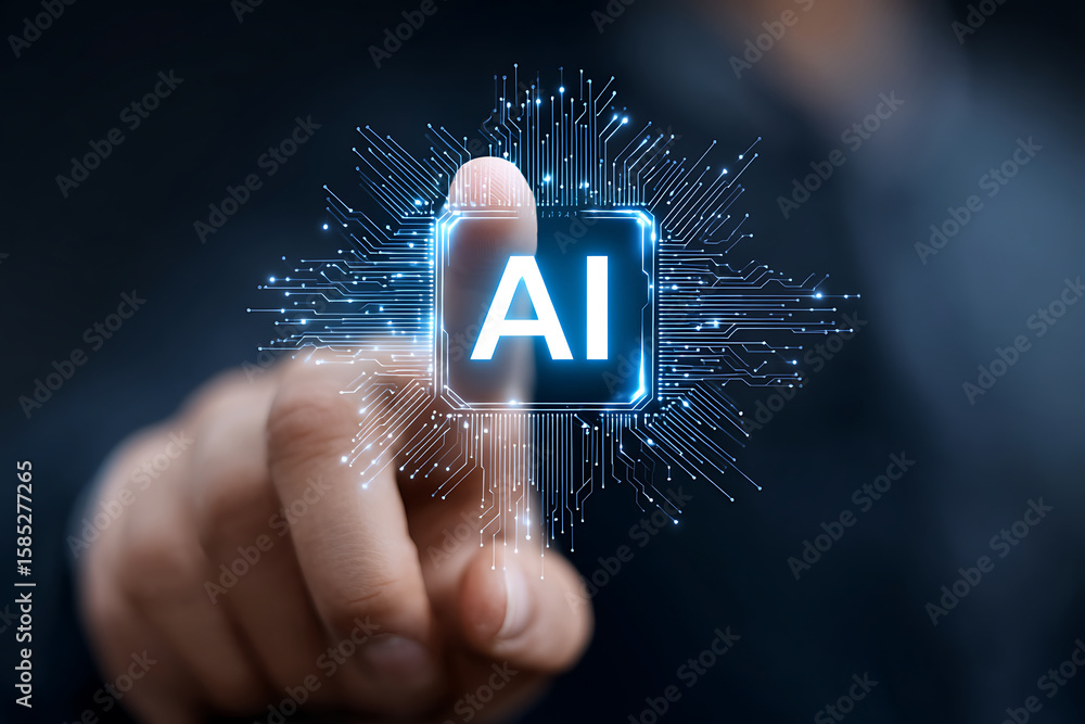 Poster touching an illuminated ai icon surrounded by digital circuitry in a dark setting to symbolize techn