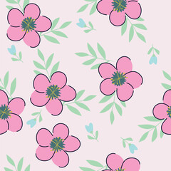 Seamless floral pattern, colorful ditsy print, abstract ornament in retro folk motif. Pretty decorative art botanical design of hand drawn large, small flowers, leaves, wild herbs. Vector illustration