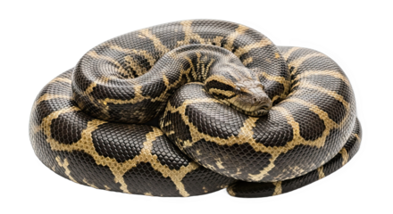 A coiled python snake with a distinctive pattern isolated on transparent background