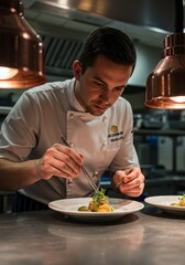 Chef Preparing Gourmet Dish in Restaurant Kitchen