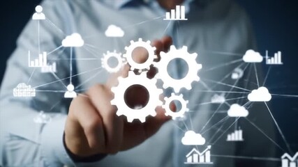 A person interacts with virtual gears and cloud icons representing technology integration. The setting is a tech conference focused on digital innovation and data analysis, highlighting global trends - Powered by Adobe