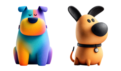 Colorful cartoon dogs in minimalist style, showcasing playful expressions and unique designs
