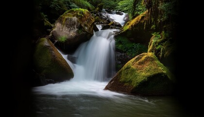 Obraz premium Stunning waterfall cascading over moss-covered rocks in a tranquil forest setting