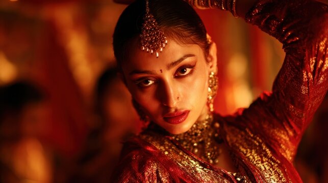A closeup view of a dynamic kathak dancer in midperformance her graceful expressions and elaborate footwork embodying the essence of devotion. Set against an ornate Navami backdrop