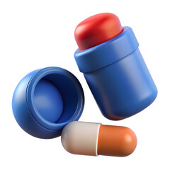Blue pill bottle with red cap and capsule isolated on a transparent background