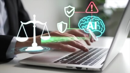 A legal professional engages with advanced technology on a laptop, illustrating the growing influence of artificial intelligence in the legal field. This showcases innovation in law