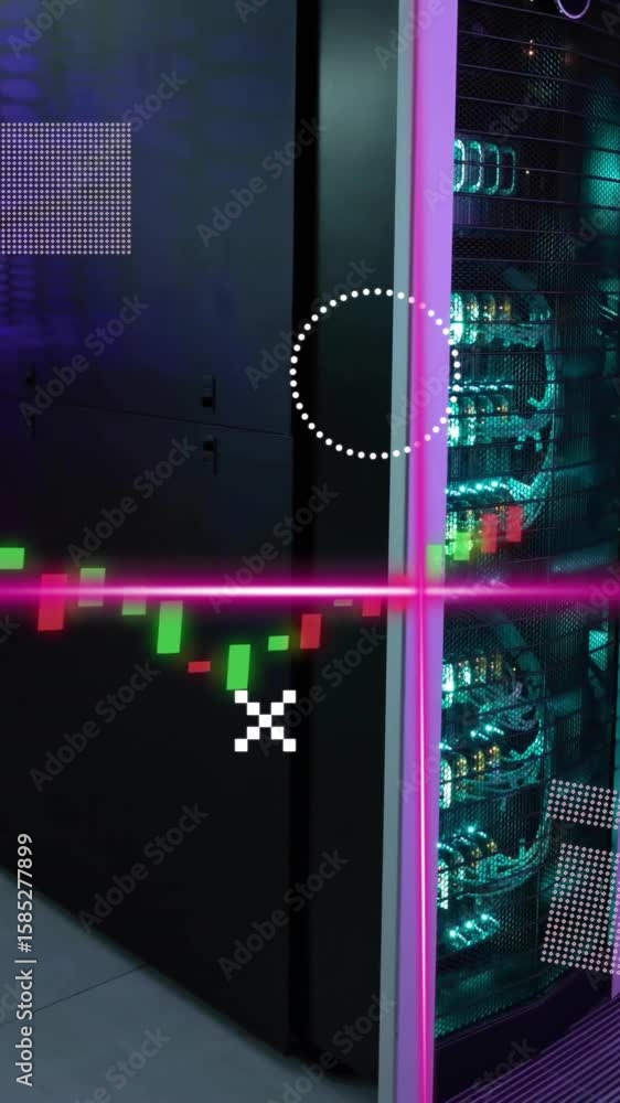 Poster animation of pink scanner beams, rotating shapes and graph processing data over server room