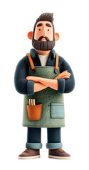 3D rendered character bartender in minimalist style, showcasing confident expression and wearing apron with tools