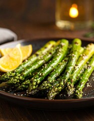 Grilled asparagus garnished with lemon slices on a wooden table with warm lighting