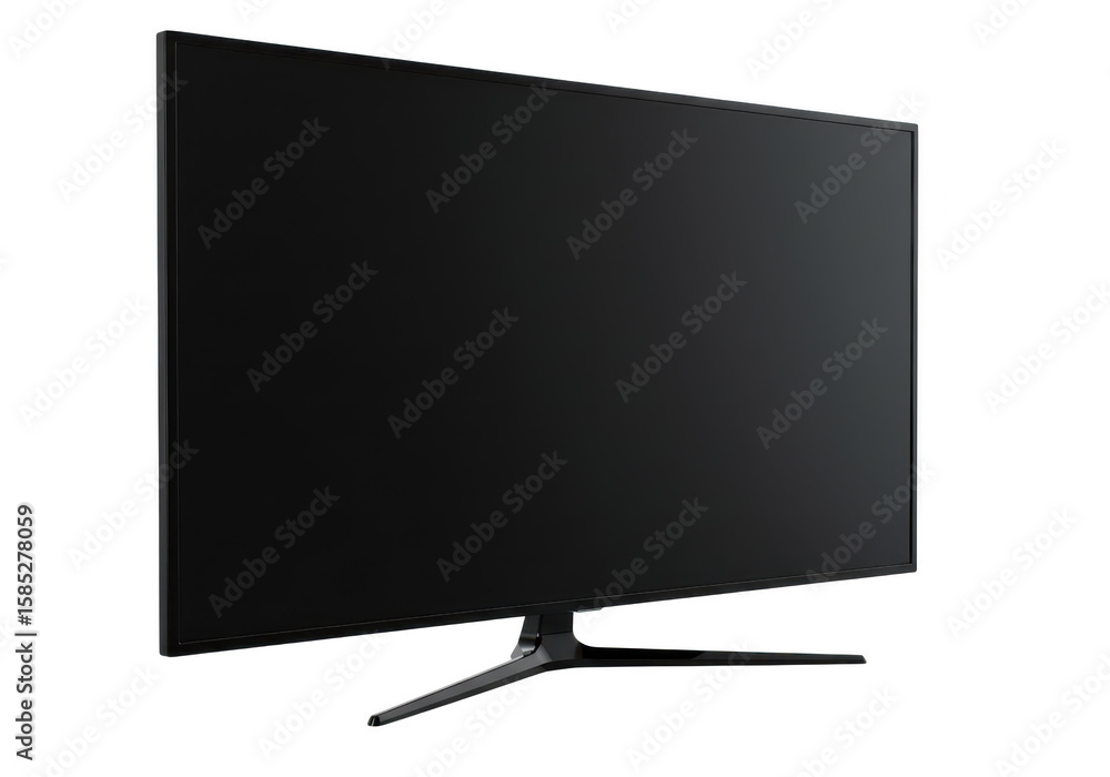 Poster a modern, sleek black flatscreen computer monitor with a minimalist stand, isolated on a transparent