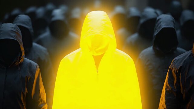 Bright glowing person in yellow hoodie standing out among dark hooded crowd &mdash; powerful concept video for individuality, courage, leadership, and finding your identity