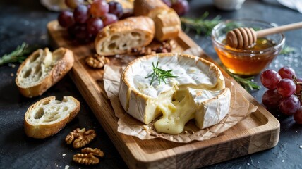 Baked camembert cheese melting on wooden board with grapes, bread slices, honey and walnuts on dark slate surface