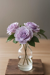 Elegant Still Life: Three Lavender Roses in a Glass Bottle on Rustic Wood, a Timeless Study in Floral Beauty and Simplicity Perfect for Design and Backgrounds Art