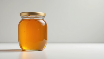 Glass jar filled with golden honey on a clean white surface with soft natural lighting