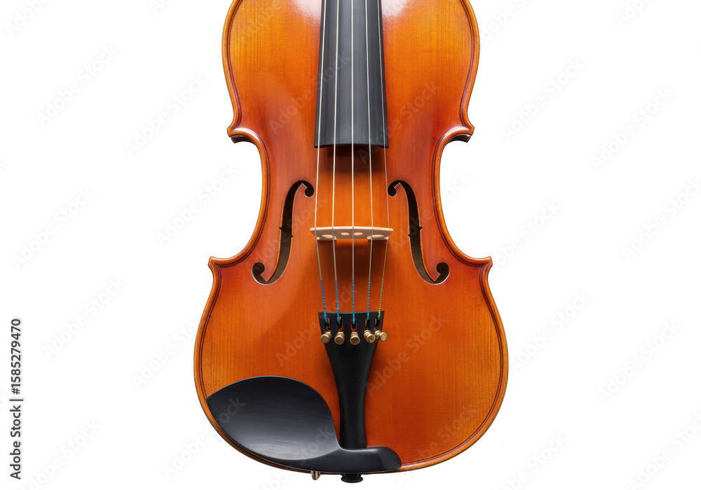 Poster a closeup front view of a wooden violin with strings and fholes, isolated on a transparent backgroun