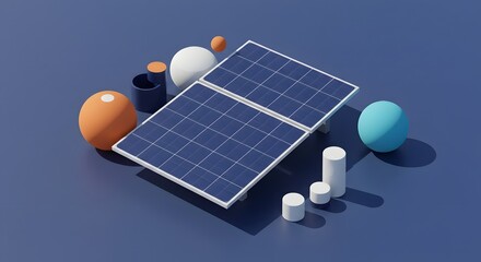 Array of Solar Panels Surrounded by Geometric Shapes in a Modern Design Setting