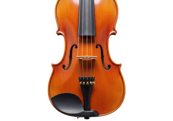 A closeup front view of a wooden violin with strings and fholes, isolated on a transparent background