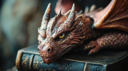 Fantasy dragon sculpture on book with magical lighting and blurred background in mystical artistic fantasy scene
