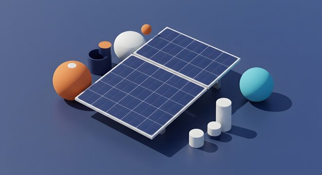 Array of Solar Panels Surrounded by Geometric Shapes in a Modern Design Setting