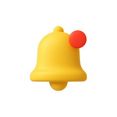 A yellow notification bell with a red dot indicating a new message against a black background studio shot