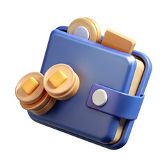 Blue wallet with gold coins isolated on a transparent background