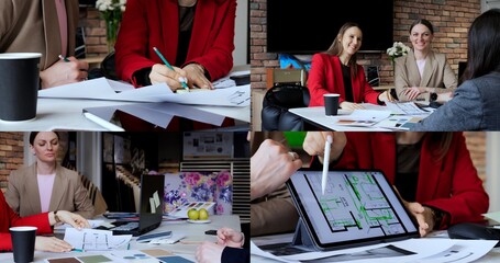 designer drafting building layout on table while designer collaborating with colleagues over...