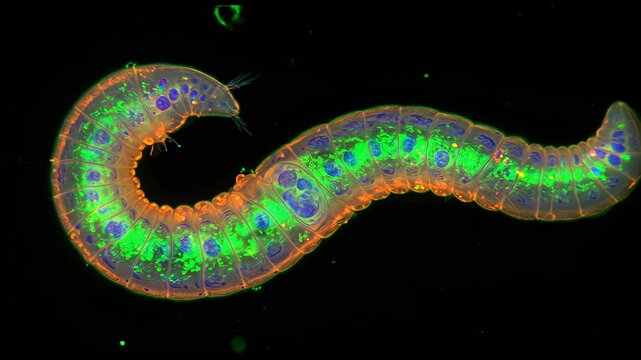 Fluorescent microscopy of Caenorhabditis elegans, with glowing neurons and transparent body structure under lab lighting