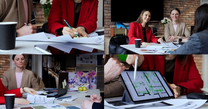 designer drafting building layout on table while designer collaborating with colleagues over printed plans, design collaboration around modern workspace, document review under design discussion